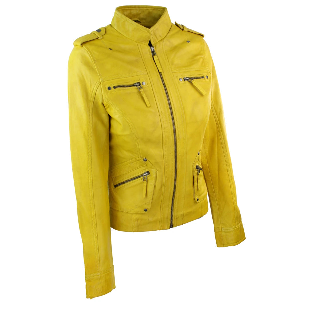 Ladies Women Genuine Real Leather Slim Fit Yellow Green Pink Biker Jacket-TruClothing
