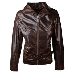 Ladies Women Real Leather Biker Style Rock Belted Vintage Brown Jacket-TruClothing
