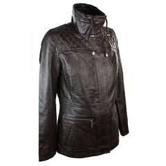 Ladies Women Real Leather Mid Length Brown Jacket Trench Coat-TruClothing