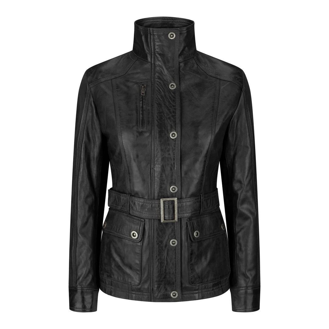 Ladies Women Real Leather Military Chinese Collar Slim Fit Black Jacket-TruClothing
