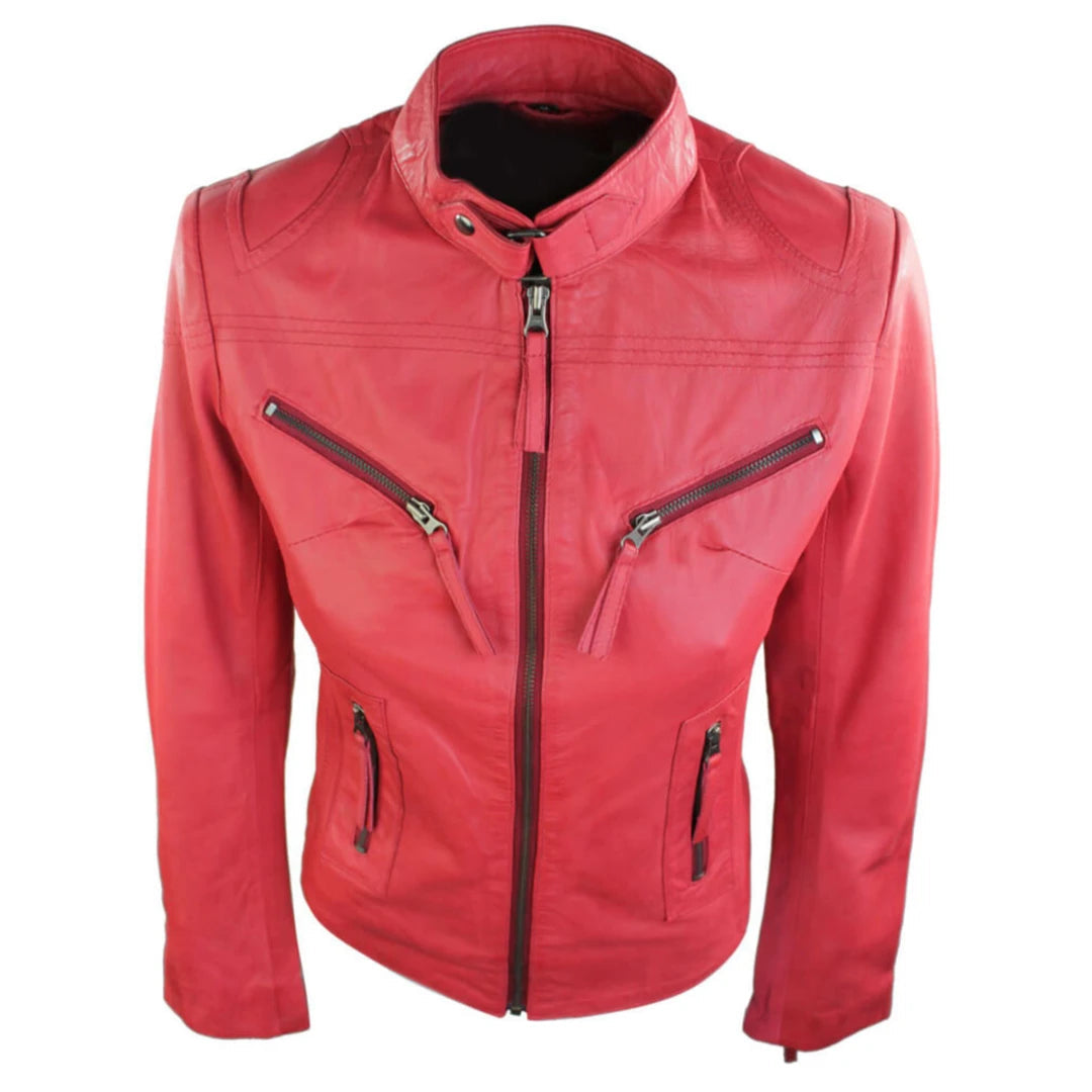 Ladies Womens Real Leather Vintage Slim Fit Biker Jacket Brown Red Purple-TruClothing