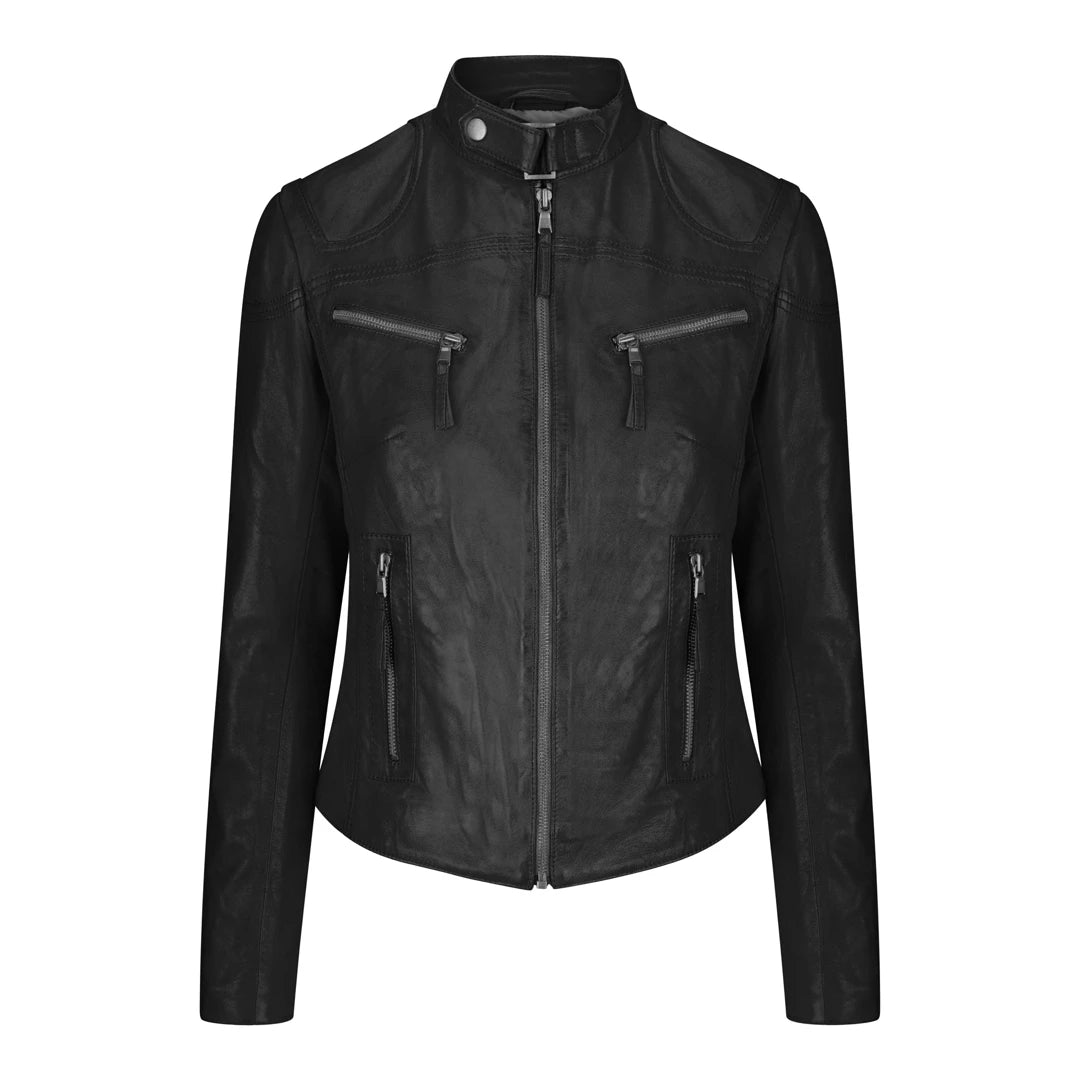 Ladies Womens Real Leather Vintage Slim Fit Biker Leather Jacket Black-TruClothing