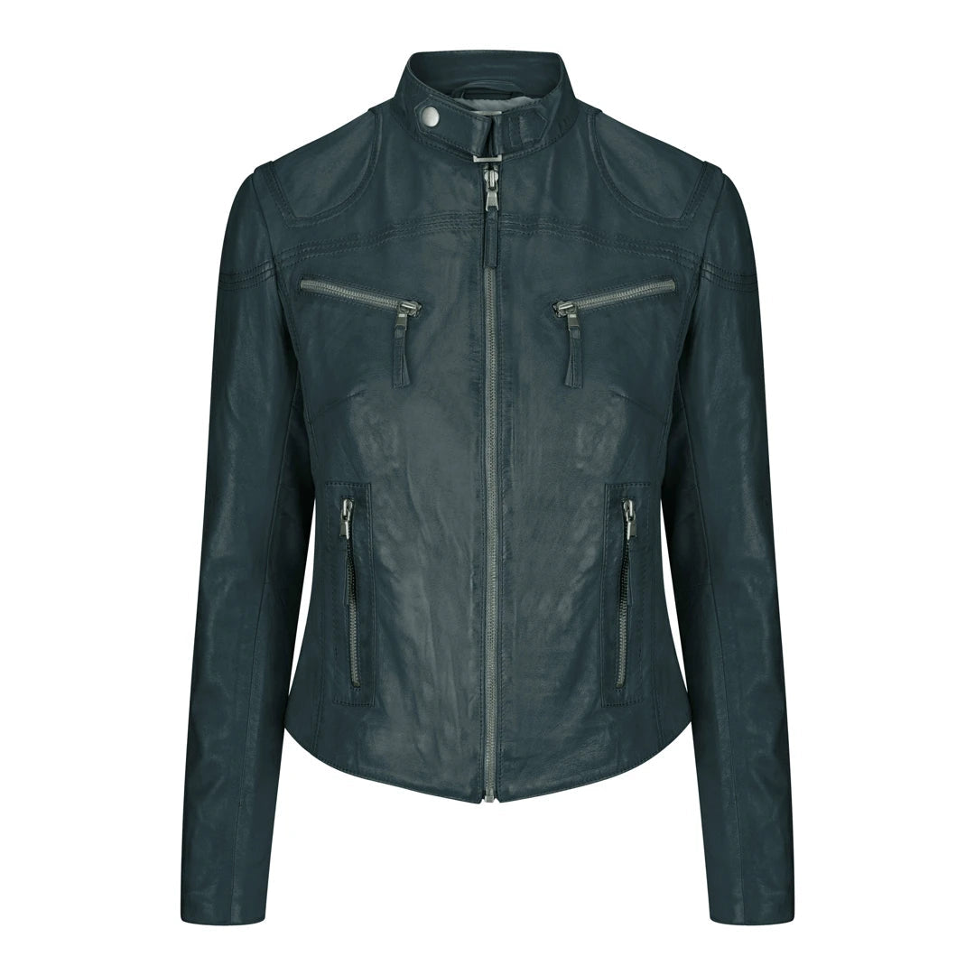 Ladies Womens Real Leather Vintage Slim Fit Biker Leather Jacket Olive Green-TruClothing