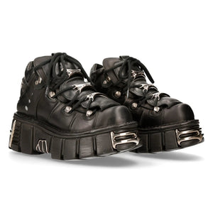 M106-s1 - New Rock Tower Unisex Metallic Black Natural Leather Biker Gothic Boots-TruClothing