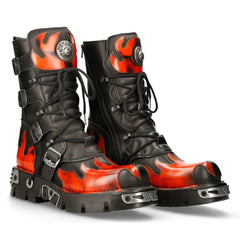 M591-S1 NEWROCK New Rock RED FLAME METALLIC BLACK LEATHER BOOT BIKER GOTH BOOTS-TruClothing