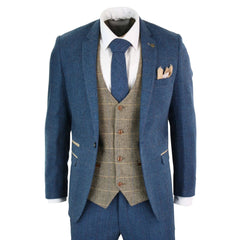 Marc Darcy Dion - Mens Blue Tan Brown 3 Piece Herringbone Tweed Check Vintage Tailored Fit Suit-TruClothing