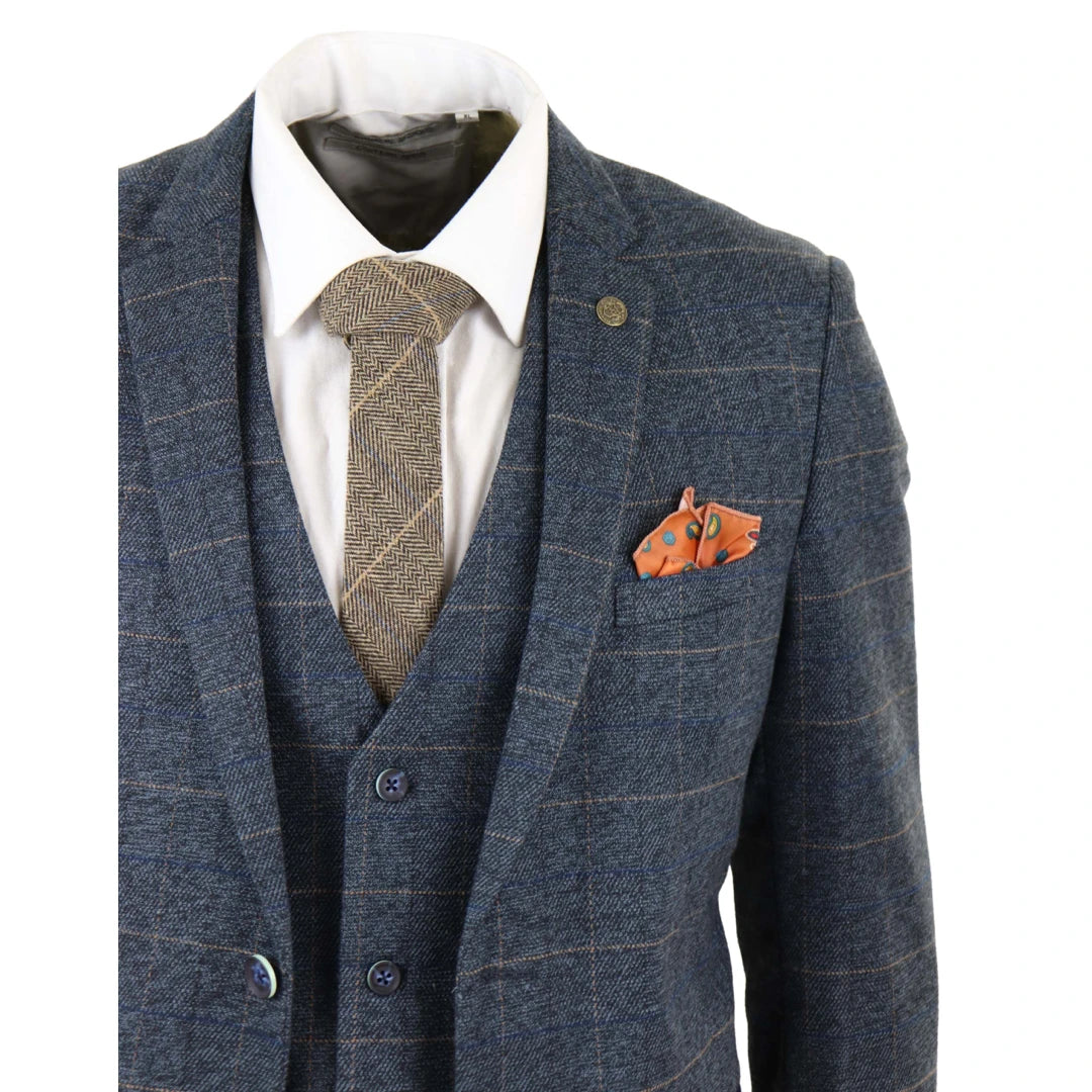 Marc Darcy Scott - Mens Blue with Tan Check 3 Piece Suit-TruClothing