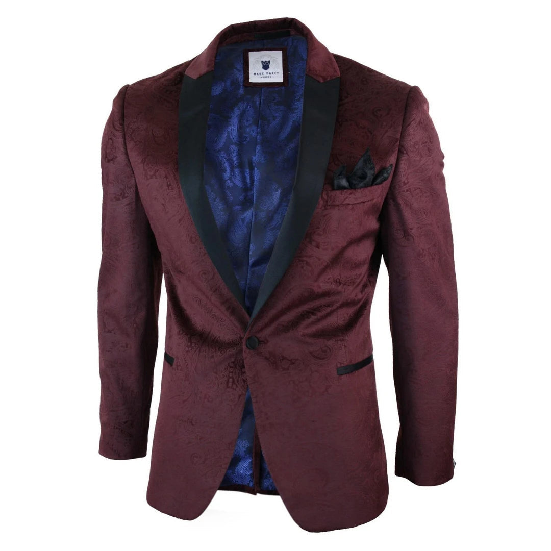 Marc Darcy Simon Mens Velvet Paisley Black Fit Blazer Tuxedo Dinner Jacket Smart Casual-TruClothing