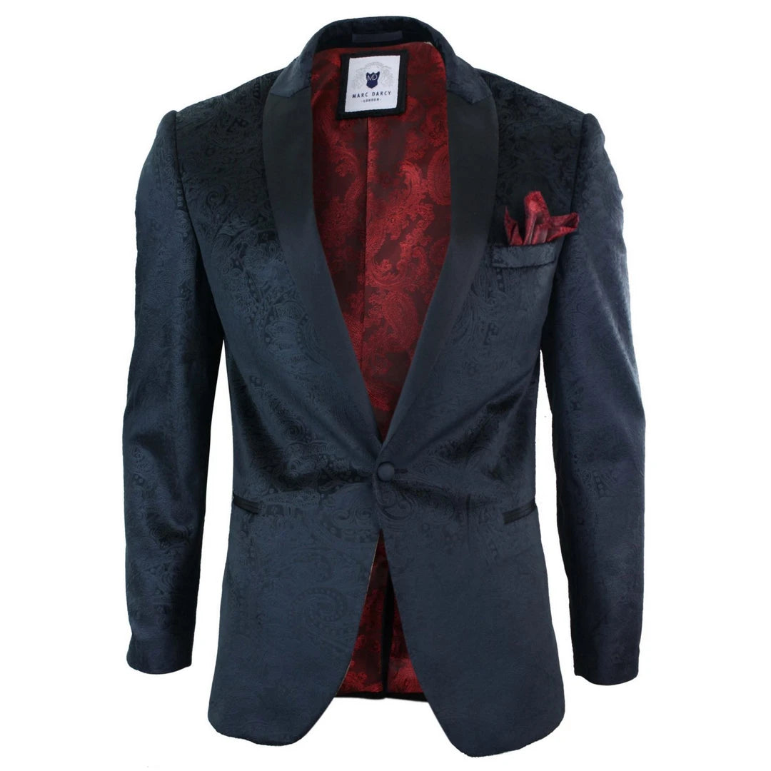 Marc Darcy Simon Mens Velvet Paisley Black Fit Blazer Tuxedo Dinner Jacket Smart Casual-TruClothing