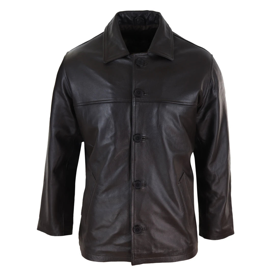 Men Mid Length Classic Leather Coat-TruClothing