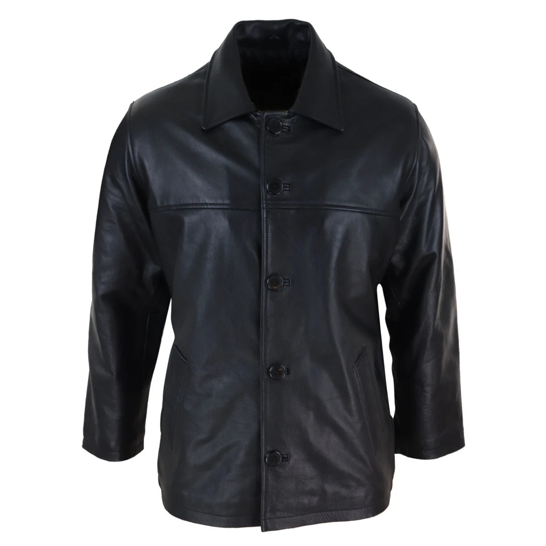 Men Mid Length Classic Leather Coat-TruClothing