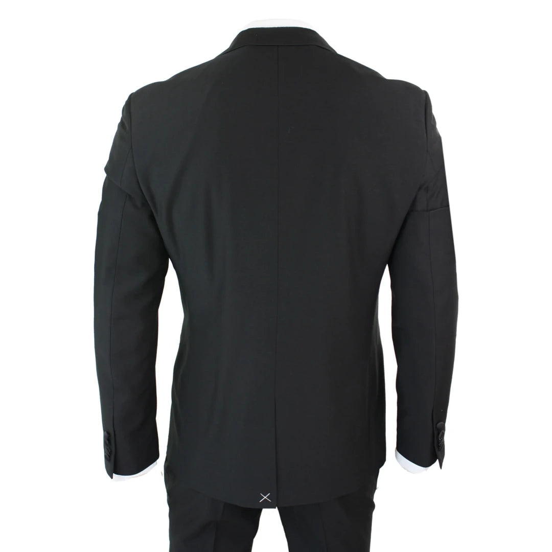 Mens 3 Piece Black Classic Satin Tuxedo Dinner Suit Tailored Fit Wedding Prom-TruClothing
