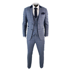 Mens 3 Piece Blue Check Suit - Marc Darcy Hilton-TruClothing