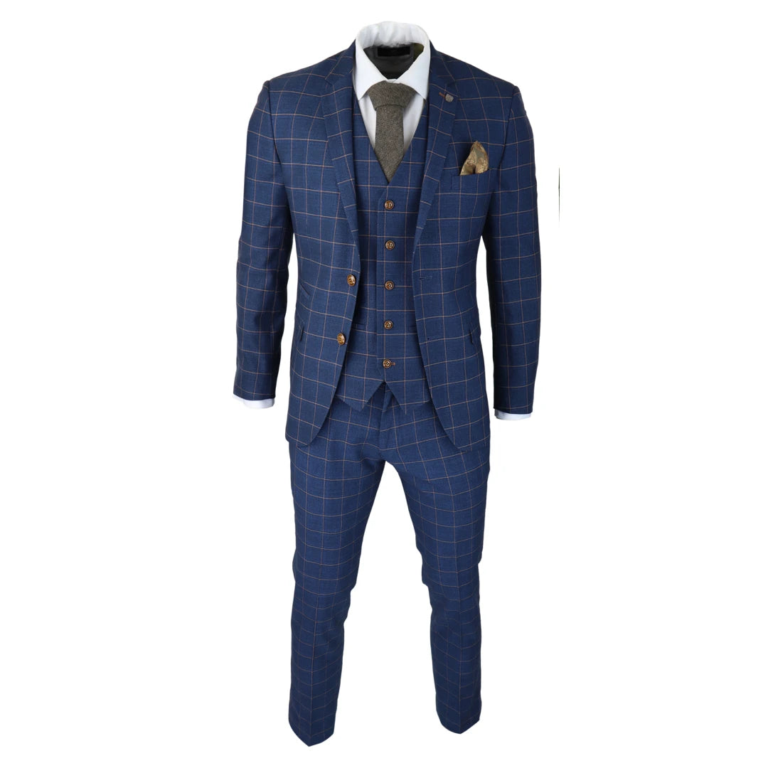 Mens 3 Piece Blue Orange Check Suit Retro Smart Tailored Fit Vintage-TruClothing