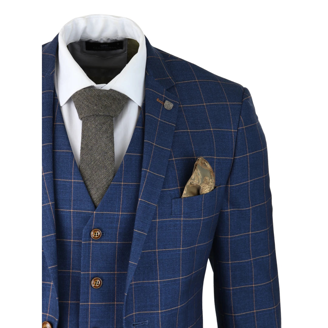 Mens 3 Piece Blue Orange Check Suit Retro Smart Tailored Fit Vintage-TruClothing