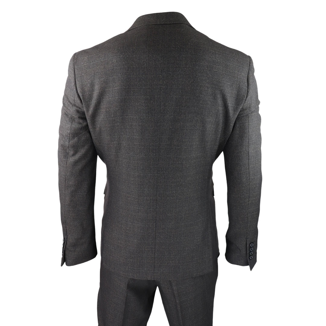 Mens 3 Piece Check Suit Tweed Black Brown Tailored Fit Wedding Peaky Classic-TruClothing
