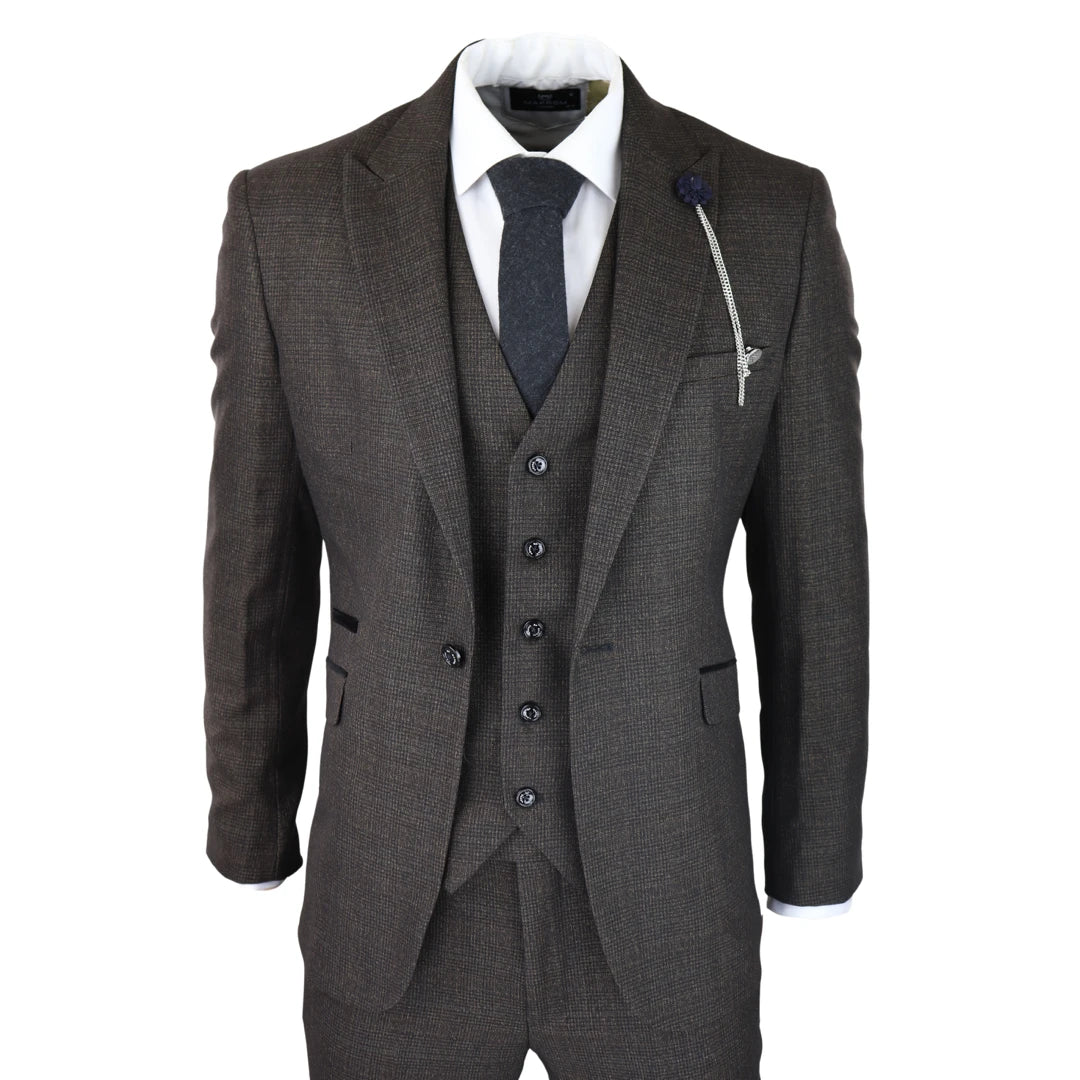 Caridi - Men's 3 Piece Brown Check Suit Tweed Classic Wedding-TruClothing