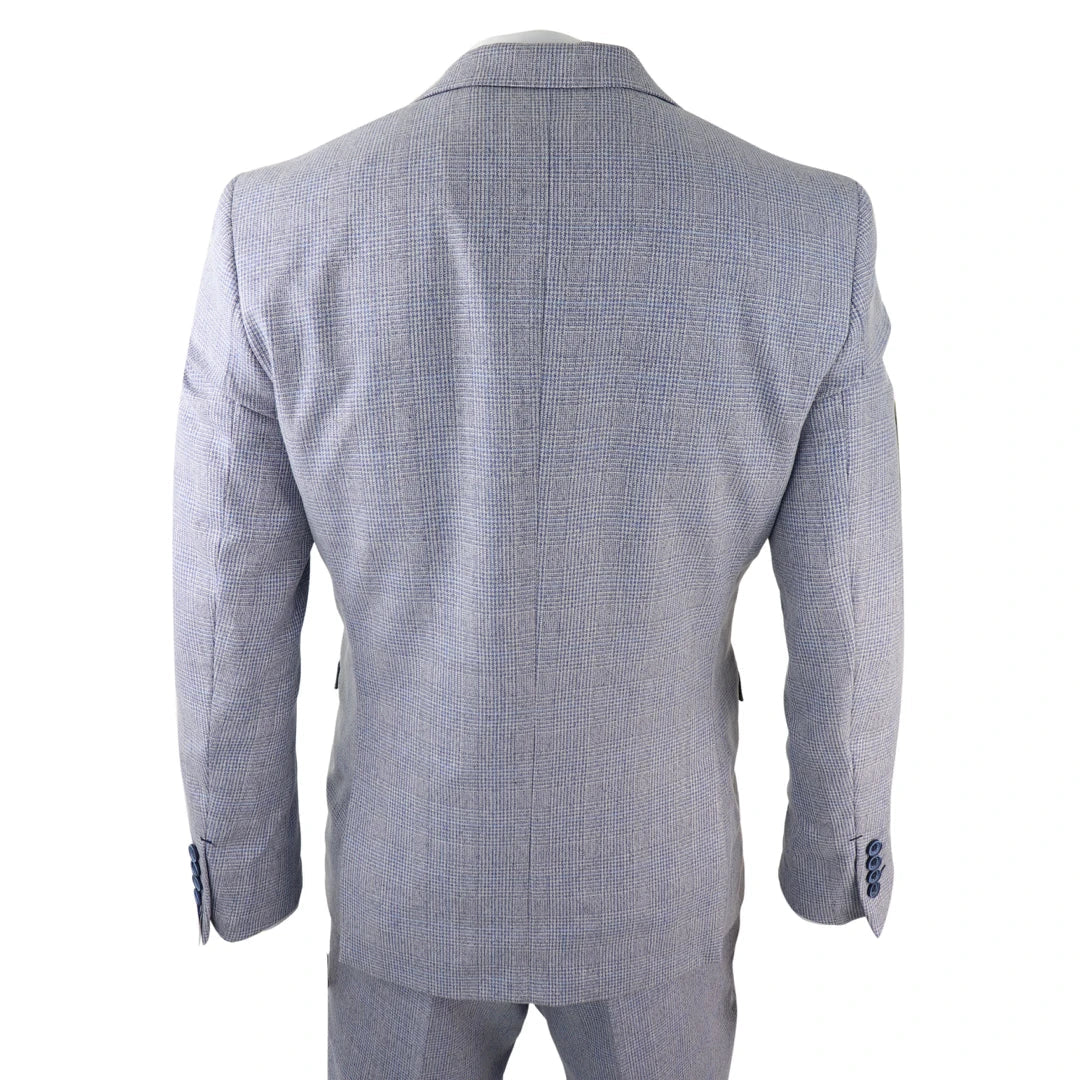 Mens 3 Piece Check Suit Tweed Light Blue Tailored Fit Wedding Peaky Classic-TruClothing