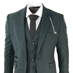 Mens 3 Piece Check Suit Tweed Olive Green Tailored Fit Wedding Peaky Classic-TruClothing