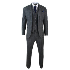 Mens 3 Piece Classic Tweed Herringbone Check Grey Navy Slim Fit Vintage Suit Grey Charcoal-TruClothing