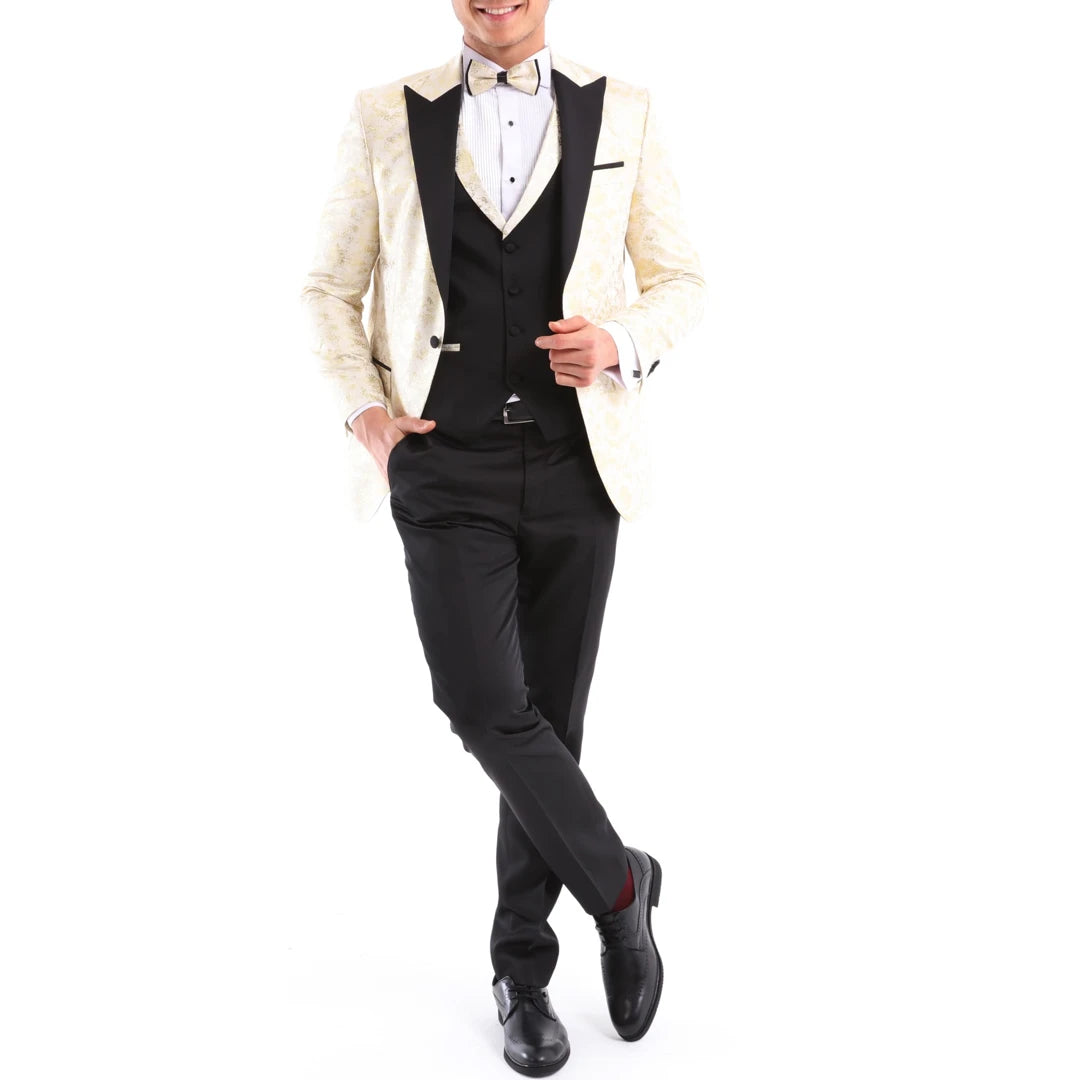 Mens 3 Piece Cream Black Ivory Suit Bow Tie Tuxedo Ceremony Wedding Grooms Prom-TruClothing