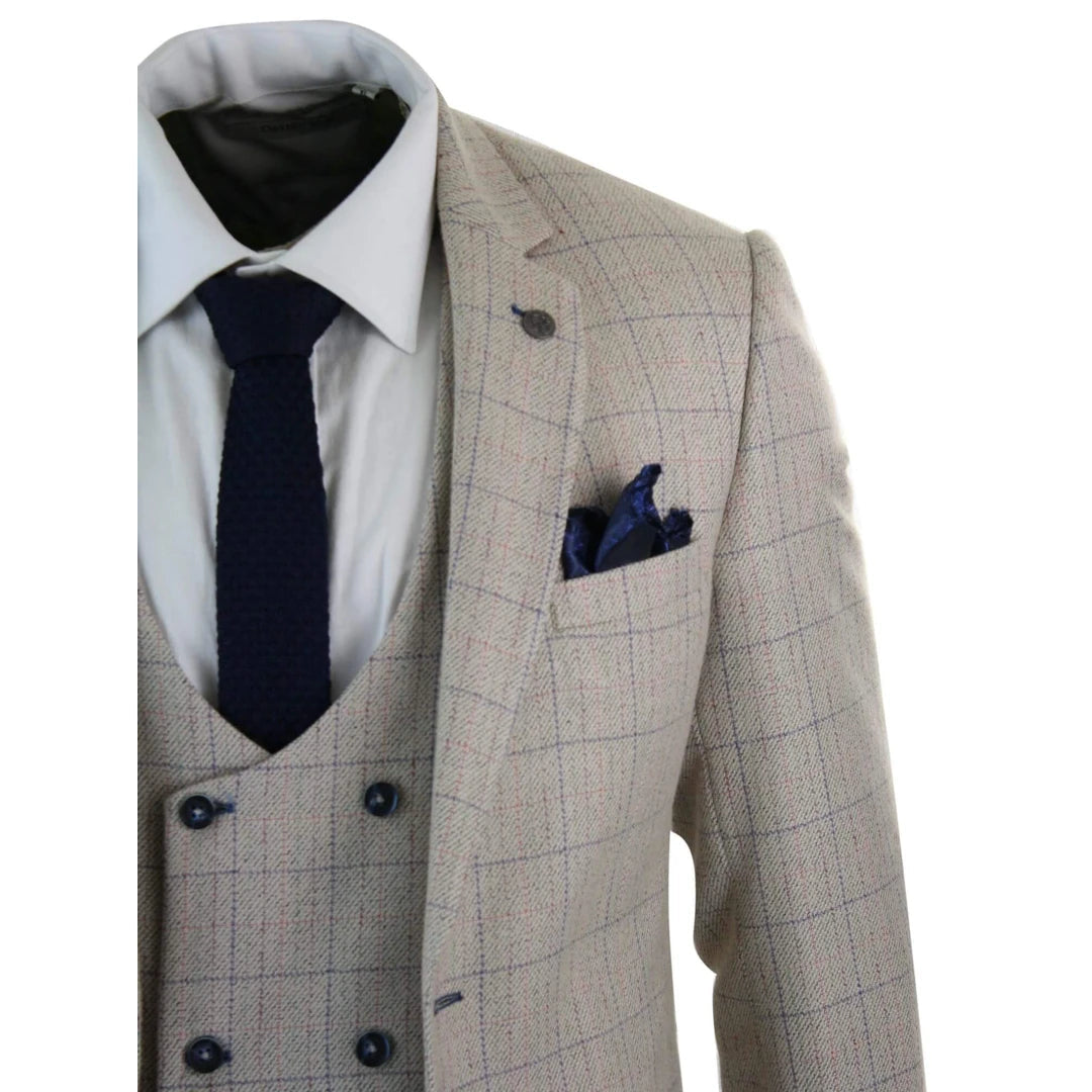 Men's 3 Piece Cream Blue-Check Suit-TruClothing