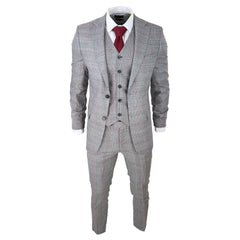 Mens 3 Piece Grey Suit Black Red Check Tailored Fit Wedding Prom Races-TruClothing