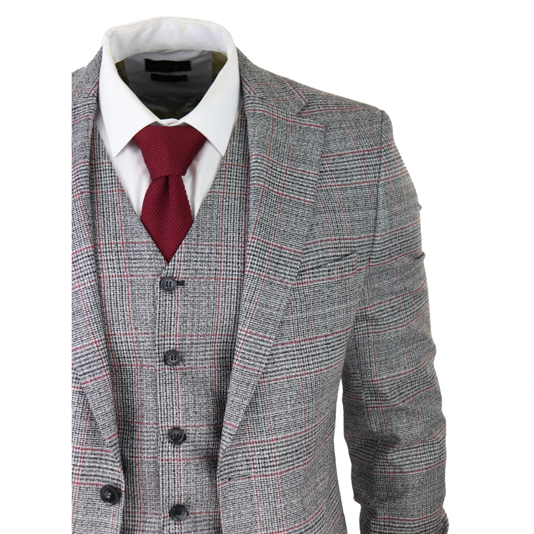 Mens 3 Piece Grey Suit Black Red Check Tailored Fit Wedding Prom Races-TruClothing