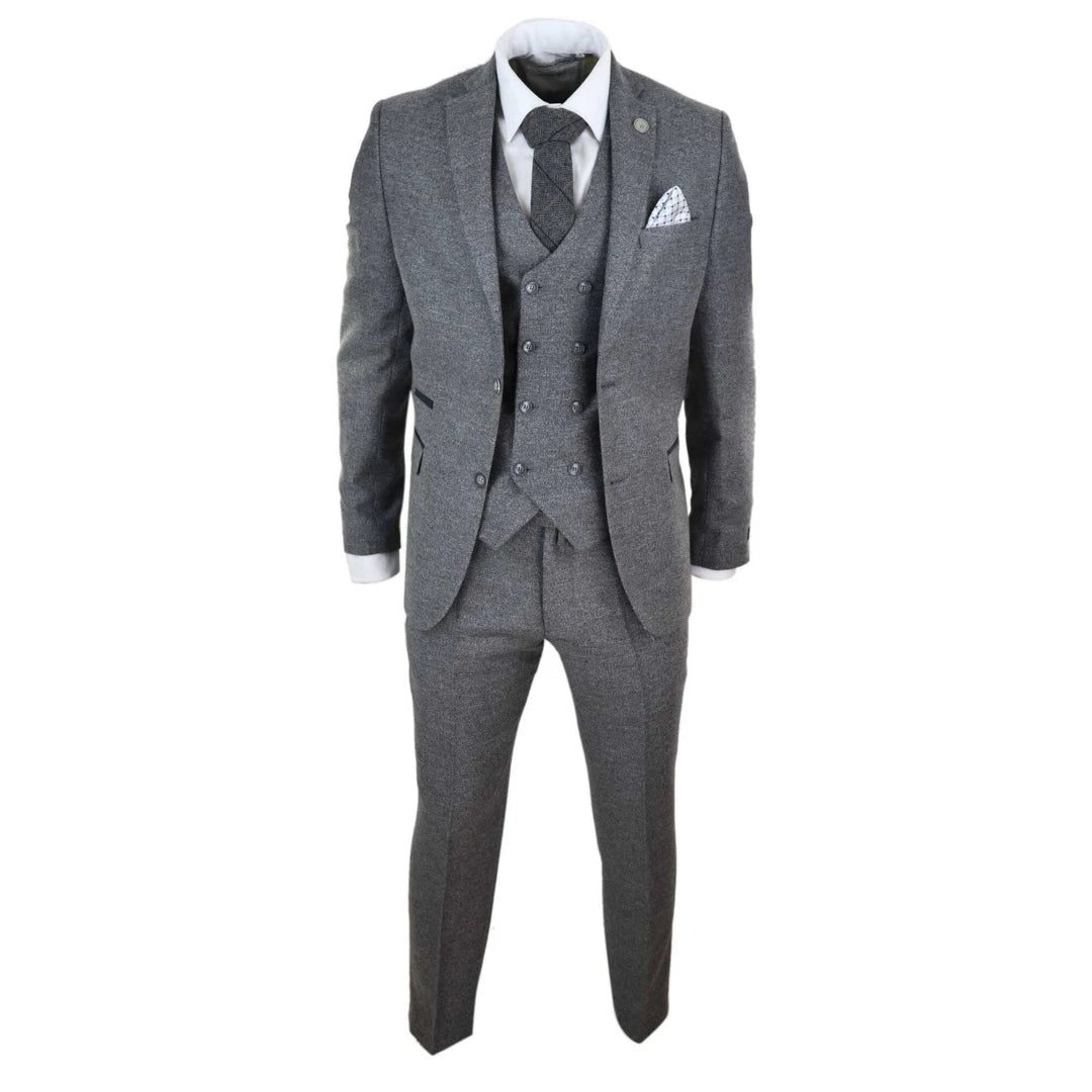 Mens 3 Piece Grey Suit with Double Breasted Waistcoat-TruClothing