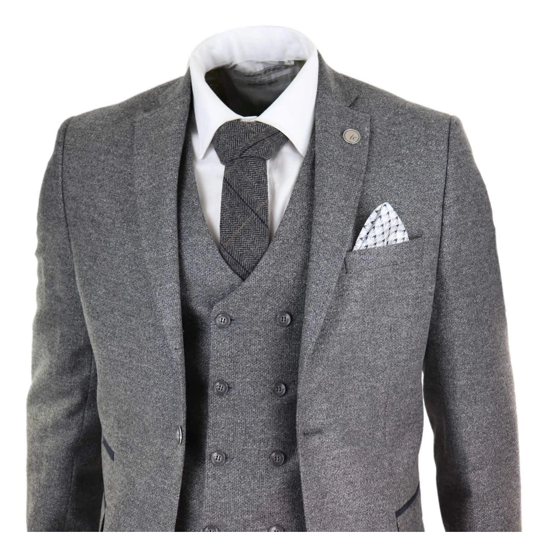 Mens 3 Piece Grey Suit with Double Breasted Waistcoat-TruClothing