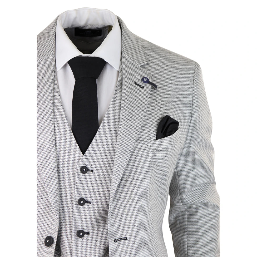 Mens 3 Piece Light Grey Black Check Suit Tailored Fit Retro Vintage Classic Smart-TruClothing