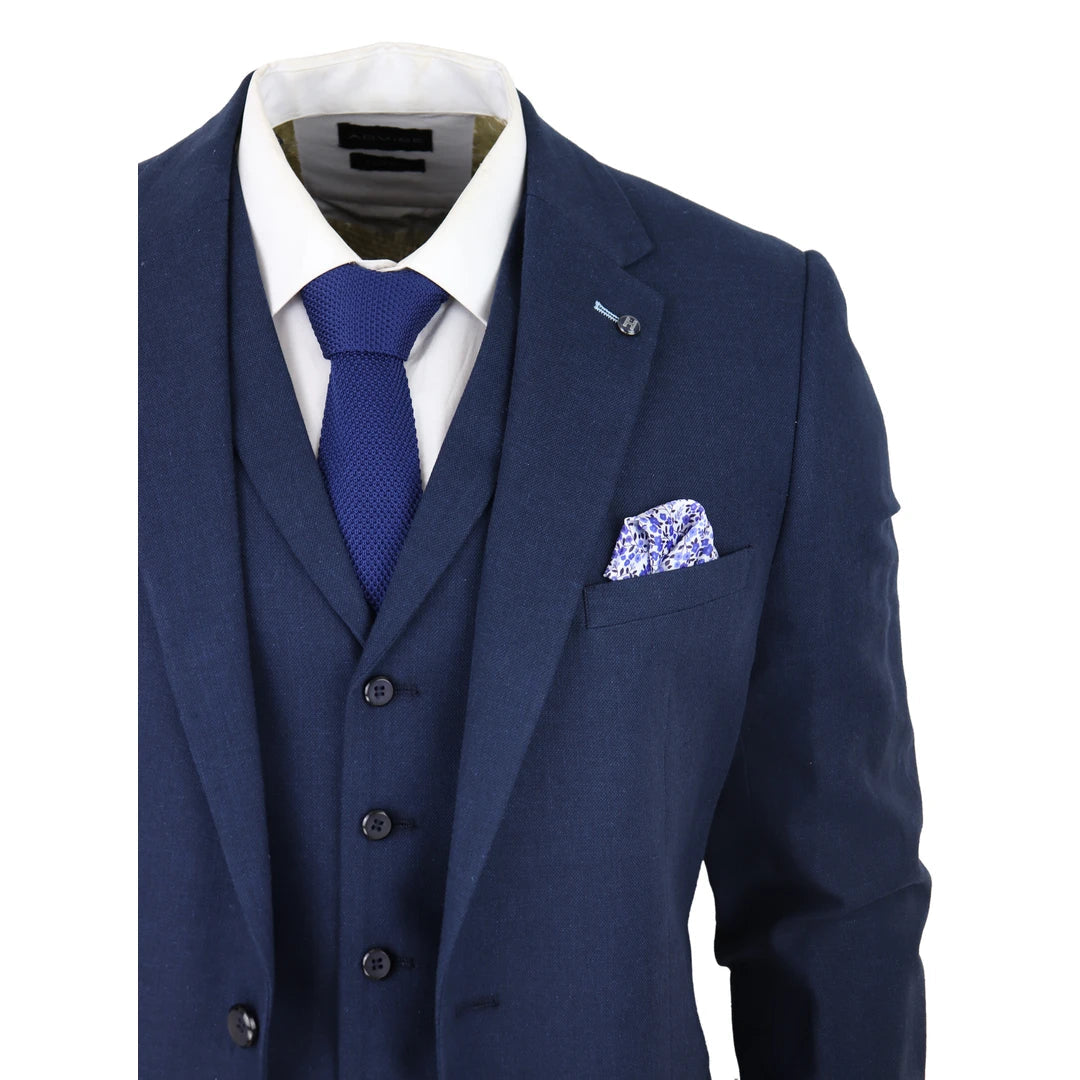 Mens 3 Piece Linen Suit Summer Breathable Wedding Cotton Navy Blue-TruClothing