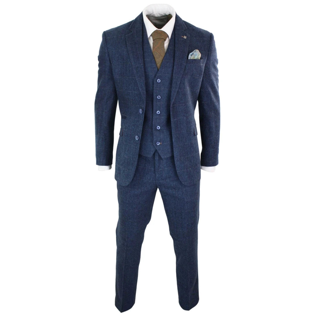 Mens 3 Piece Navy Blue Suit Tweed Check 1920's Peaky Blinders Tailored Fit Vintage-TruClothing