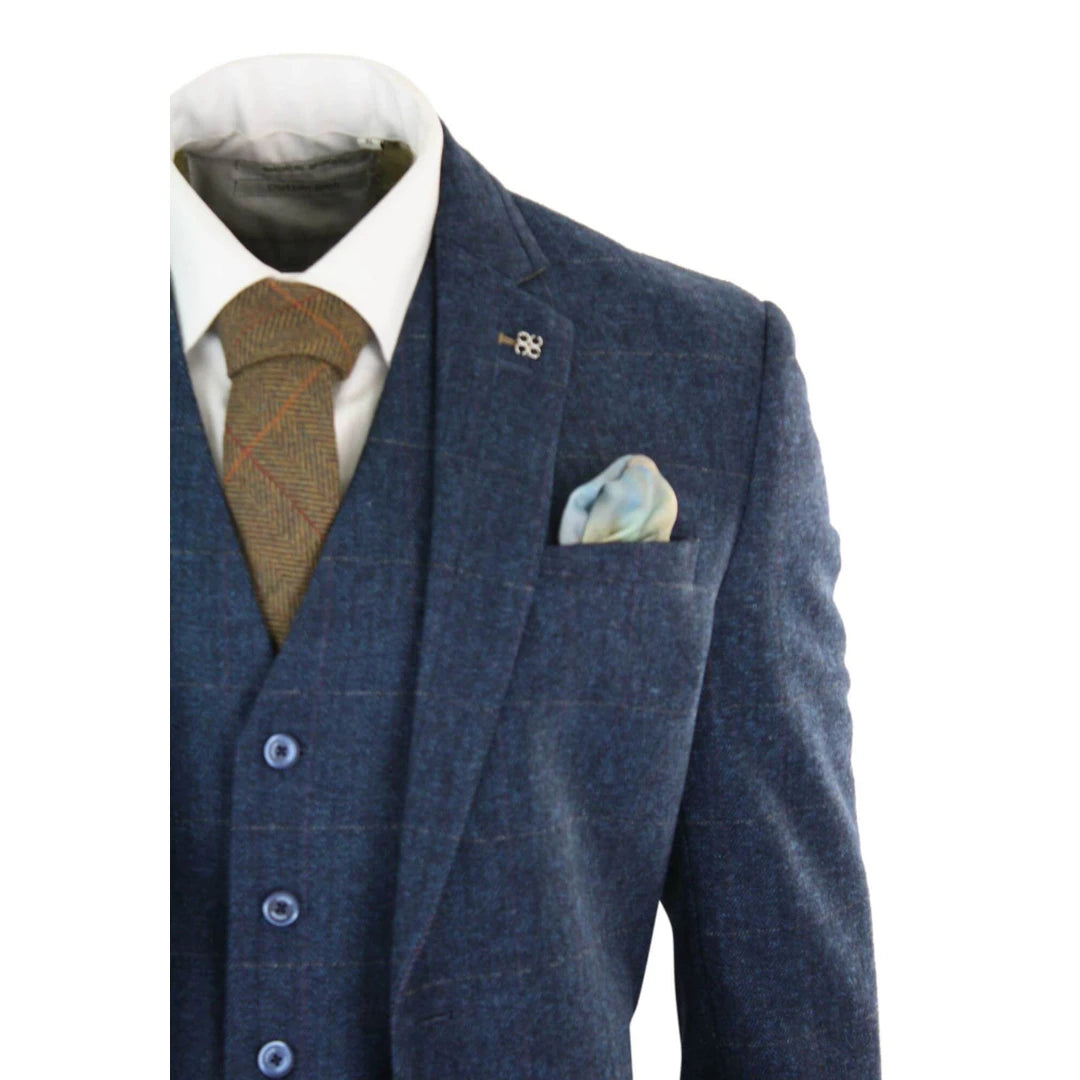 Mens 3 Piece Navy Blue Suit Tweed Check 1920's Peaky Blinders Tailored Fit Vintage-TruClothing