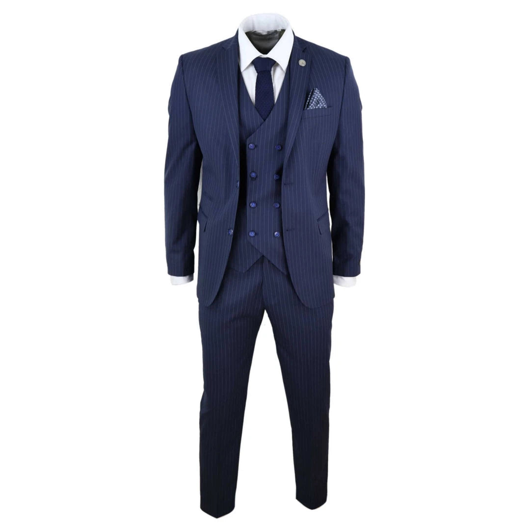 Mens 3 Piece Pinstripe Navy-Blue Suit-TruClothing
