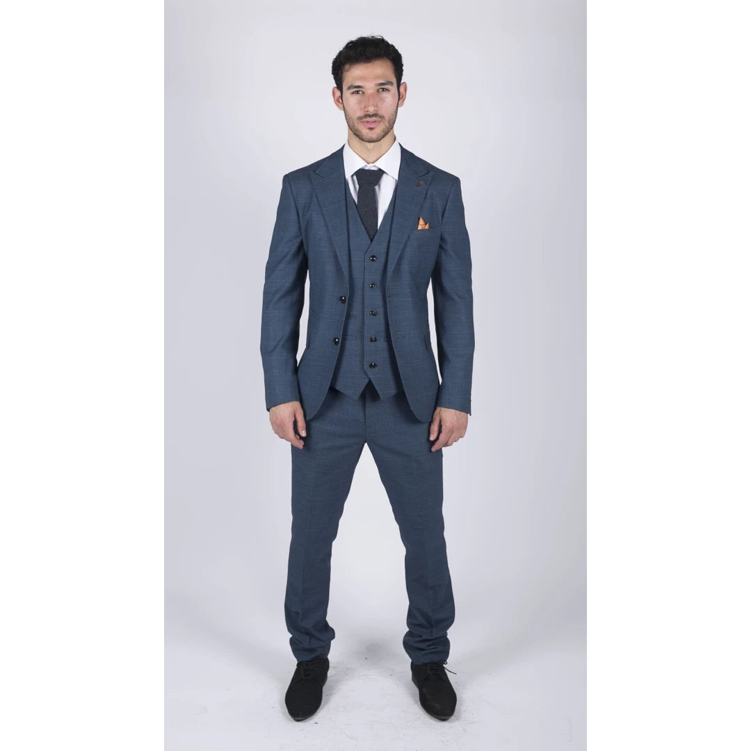 Mens 3 Piece Prince Of Wales Check Suit Blue Classic Light Tailored Fit Modern-TruClothing