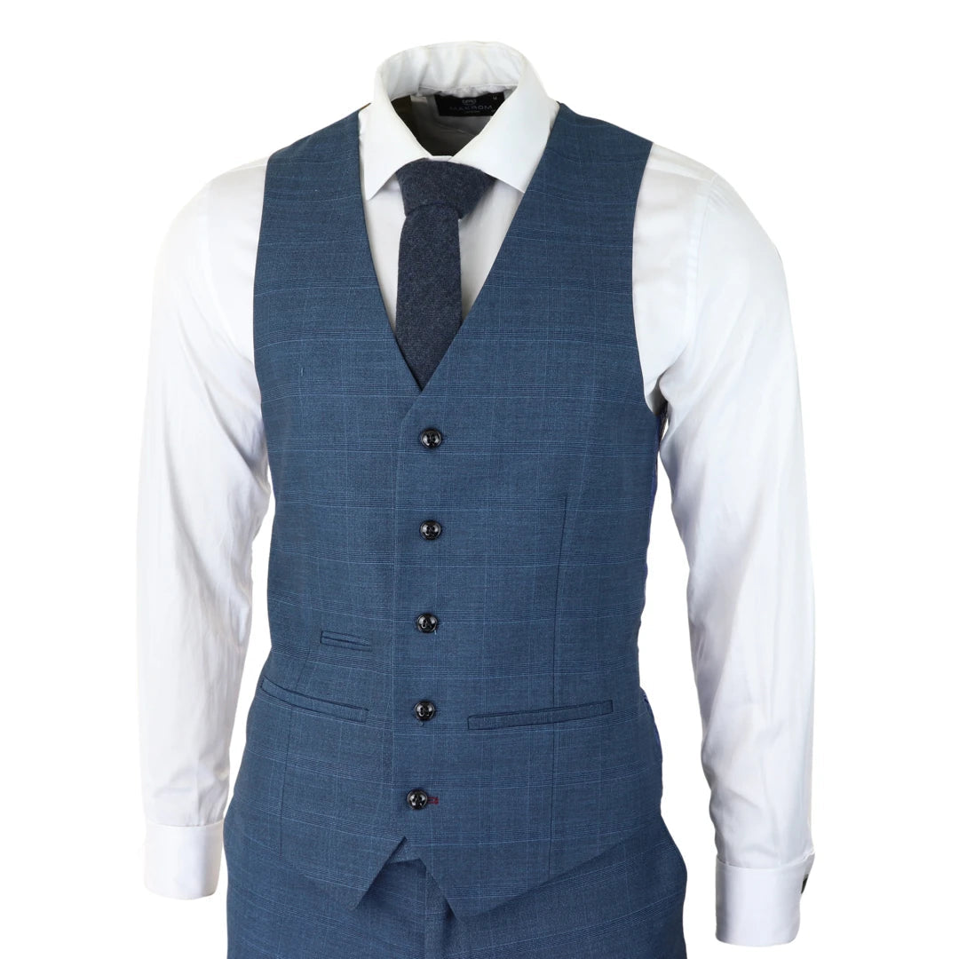 Mens 3 Piece Prince Of Wales Check Suit Blue Classic Light Tailored Fit Modern-TruClothing