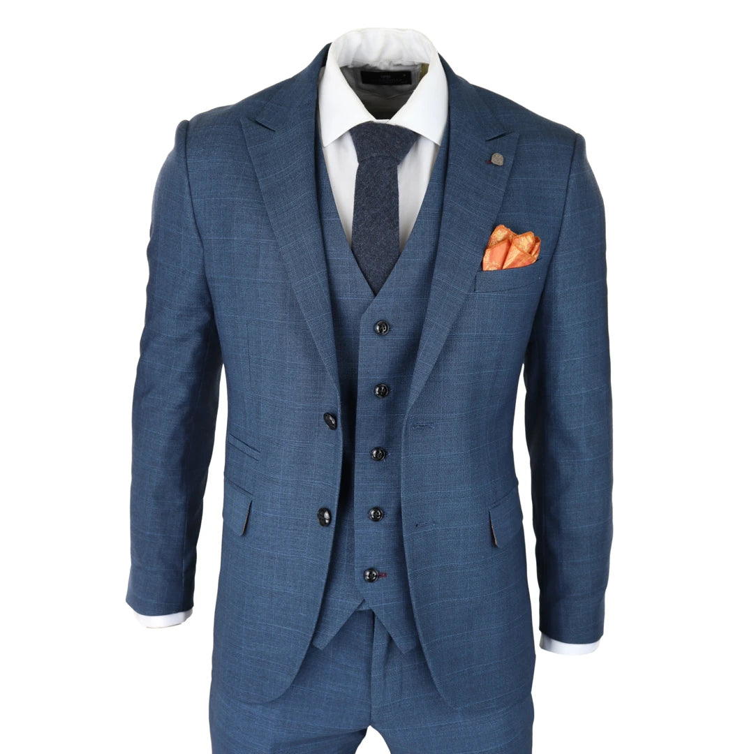 Paul Andrew Viceroy Men's 3 Piece Check Blue Suit – TruClothing