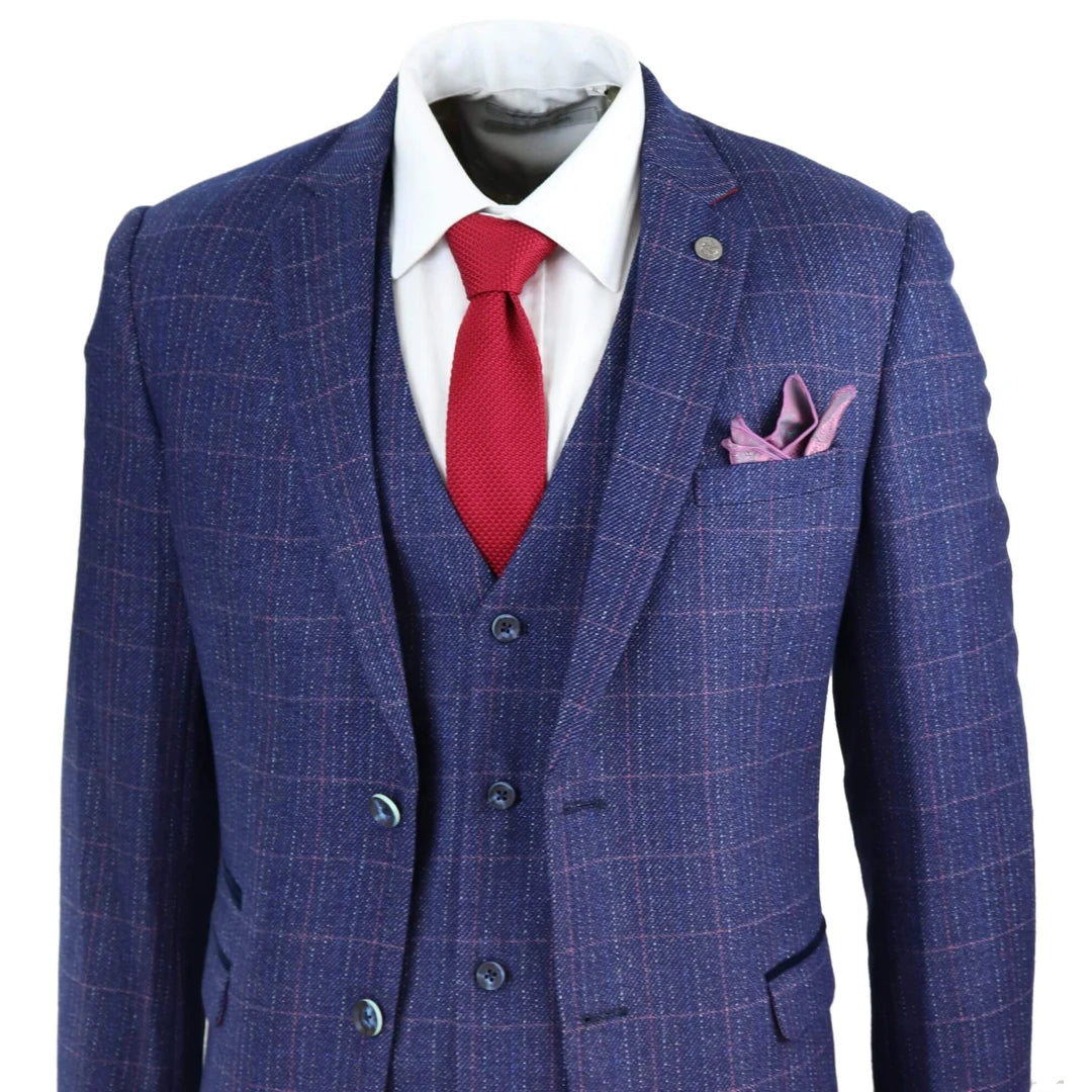 Mens 3 Piece Suit Blue Check Wool Feel Marc Darcy Tailored Fit Wedding Prom-TruClothing