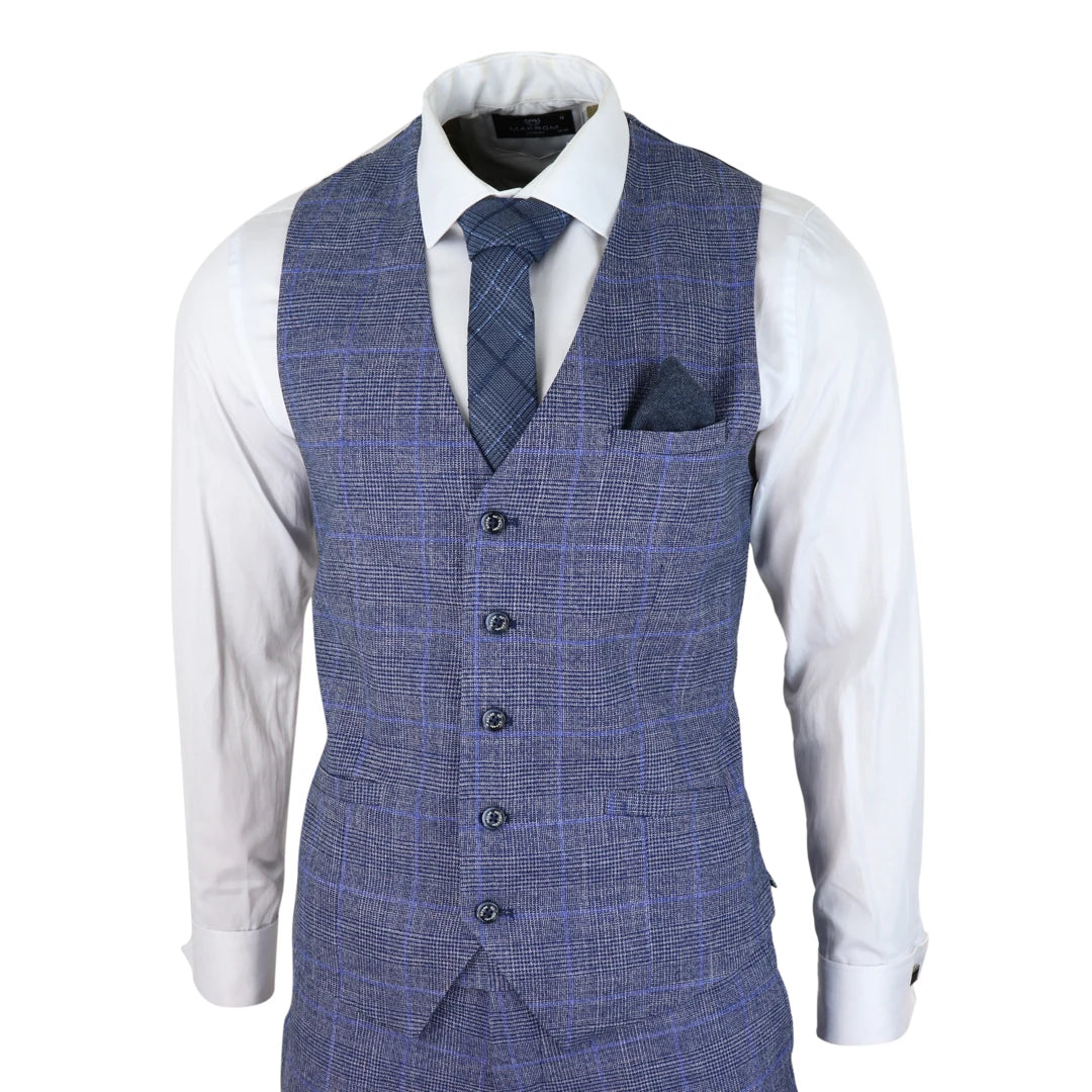 Mens 3 Piece Suit Blue Prince Of Wales Check Tailored Fit Summer Classic Vintage-TruClothing