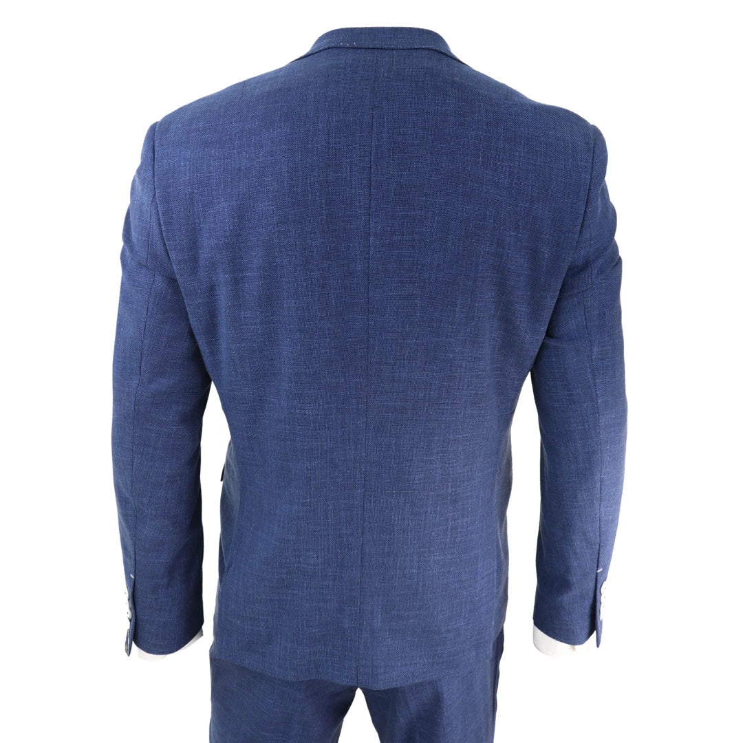 Mens 3 Piece Suit Blue Summer Linen Tailored Fit Wedding Prom Classic-TruClothing