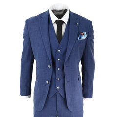 Mens 3 Piece Suit Blue Summer Linen Tailored Fit Wedding Prom Classic-TruClothing