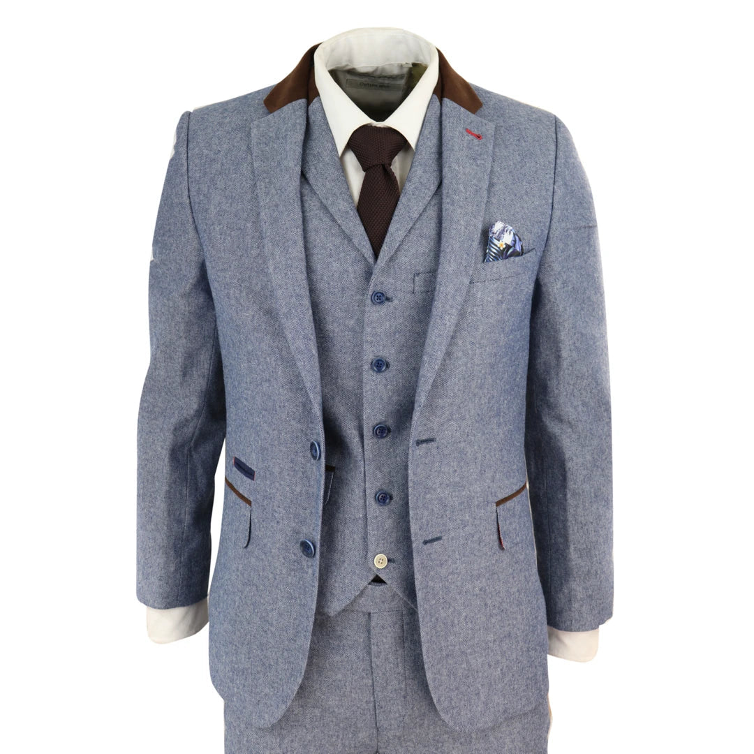 Men's 3 Piece Suit - Blue with Brown Detailing-TruClothing