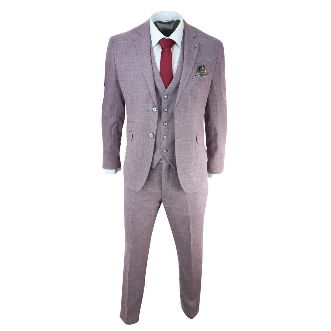 Mens 3 Piece Suit Blush Pink Summer Linen Tailored Fit Wedding Prom Classic-TruClothing