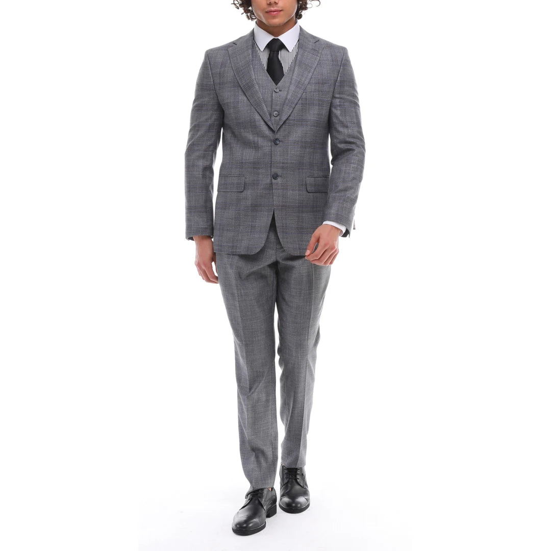Mens 3 Piece Suit Grey Blue Check Contrasting Waistcoat Trouser Wedding Prom-TruClothing