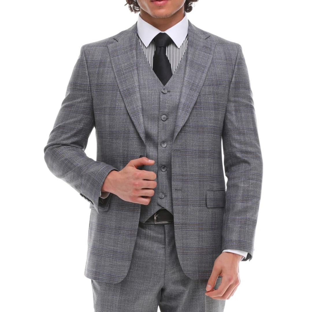 Mens 3 Piece Suit Grey Blue Check Contrasting Waistcoat Trouser Wedding Prom-TruClothing