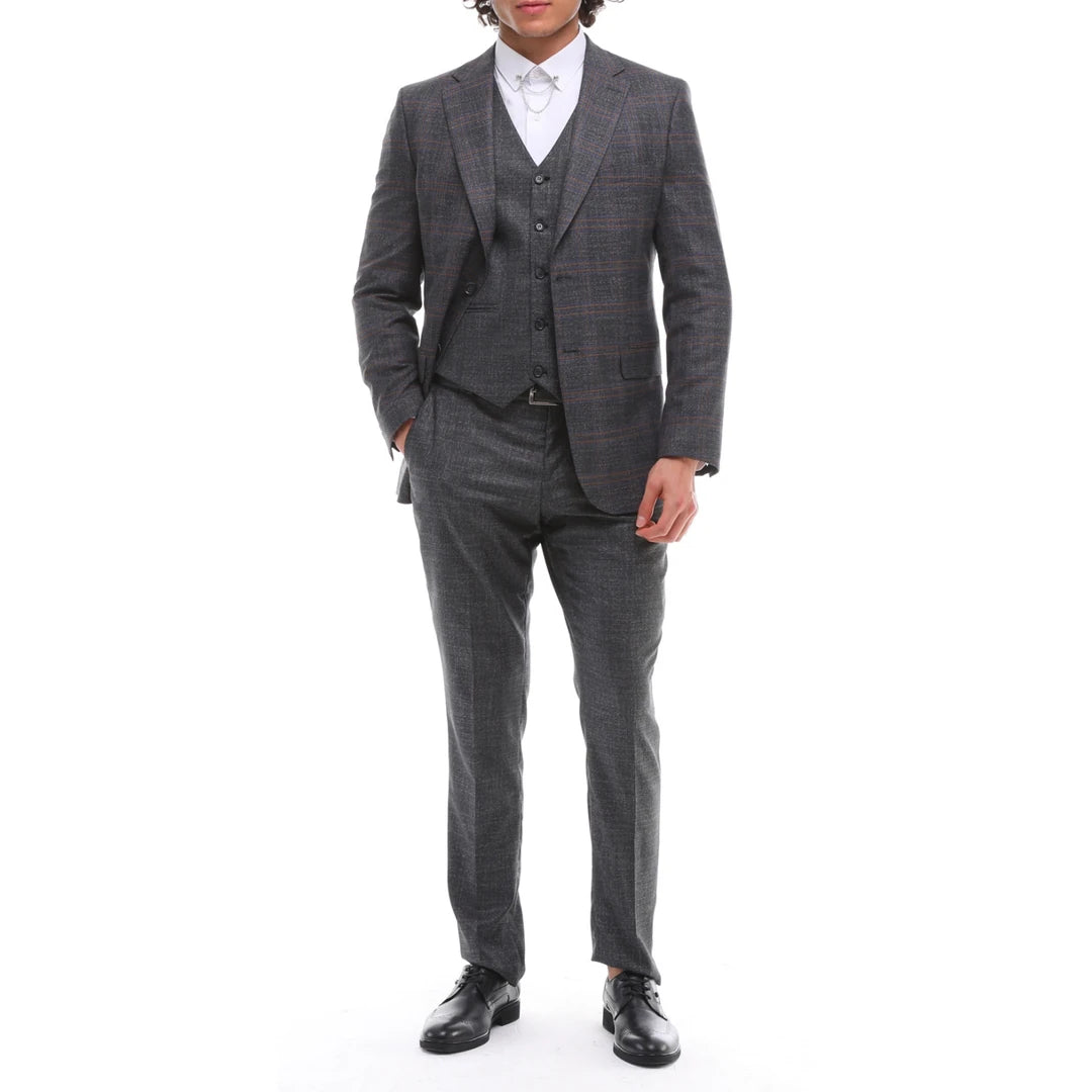 Mens 3 Piece Grey Suit Black Red Check Tailored Fit Wedding Prom
