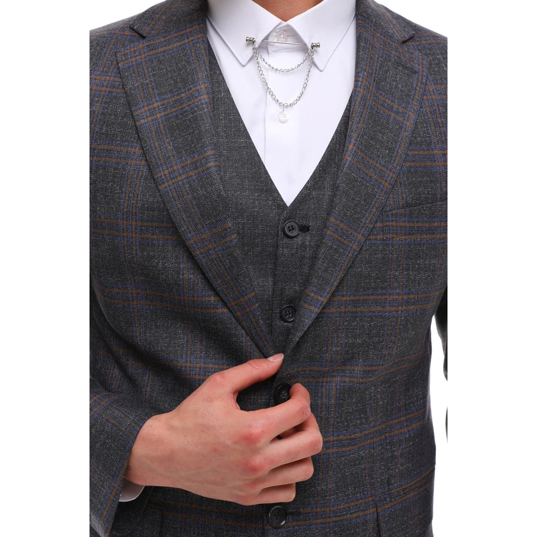 Mens 3 Piece Suit Grey Brown Check Tailored Fit Wedding Prom Races-TruClothing