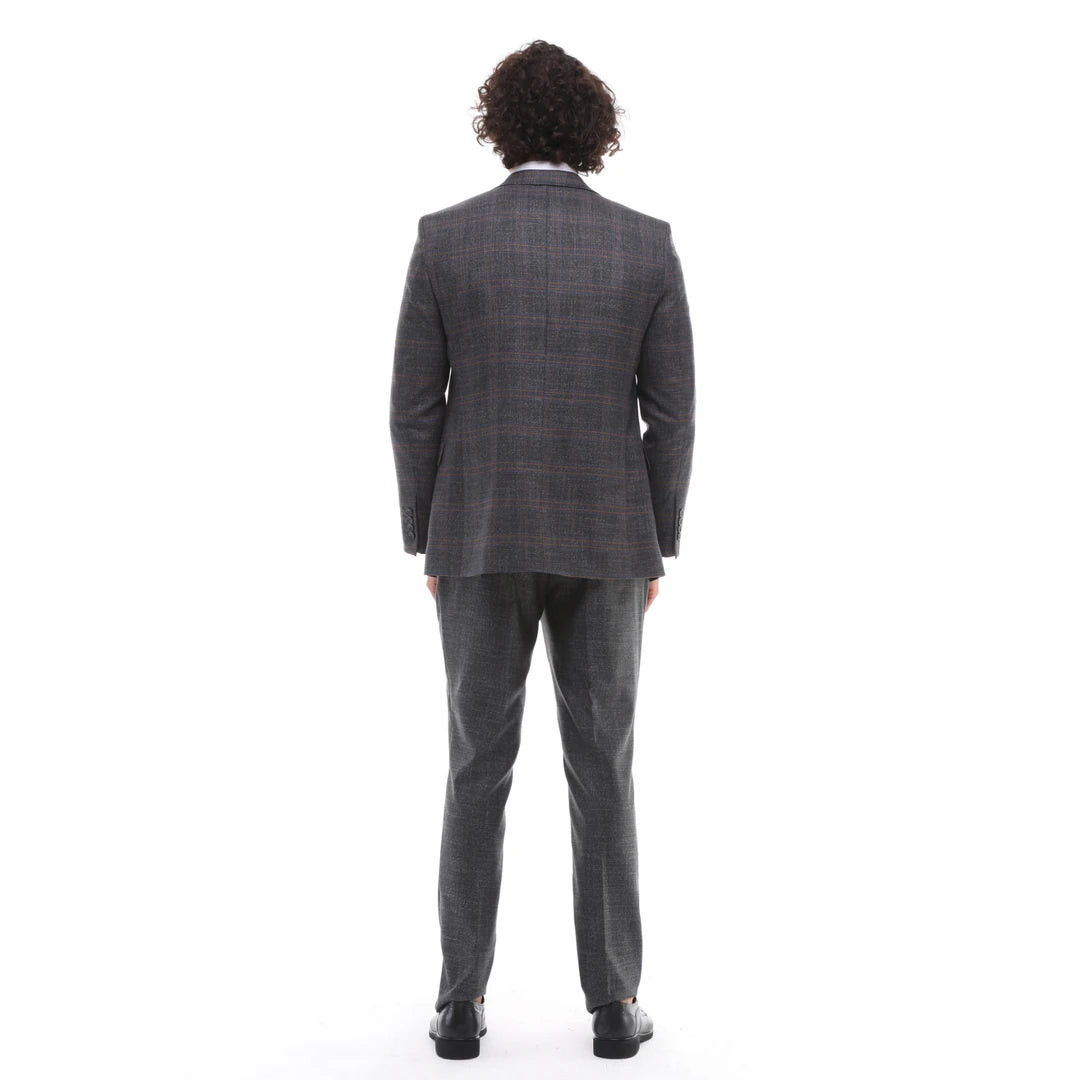 Mens 3 Piece Suit Grey Brown Check Tailored Fit Wedding Prom Races-TruClothing