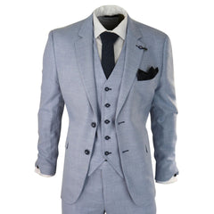 Mens 3 Piece Suit Light Blue Summer Linen Tailored Fit Wedding Prom Classic-TruClothing